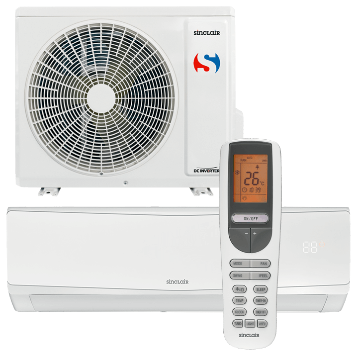 Klimageräte-Komplett-Set bestehend aus Innengerät, Außeneinheit, Fernbedienung und Zubehör — Abbildung Klimaanlage